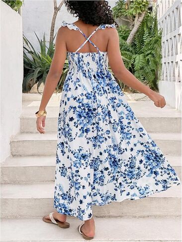 Girl's Floral Cami Maxi Dress Split Thigh Sleeveless Shirred Flowy Dresses in Saudi Arabia