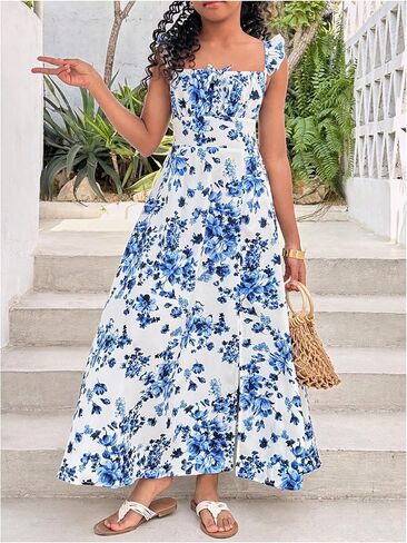 Girl's Floral Cami Maxi Dress Split Thigh Sleeveless Shirred Flowy Dresses in Saudi Arabia