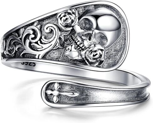 ZLILIJAN Skull Ring 25 Sterling Silver Couple Spoon Rings Gothic Skeleton Rose Adjustable Ring Halloween Cocktail Vintage Jewelry Gift for Women Wife Girlfriend in Kuwait