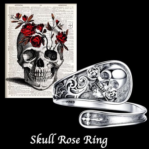 ZLILIJAN Skull Ring 25 Sterling Silver Couple Spoon Rings Gothic Skeleton Rose Adjustable Ring Halloween Cocktail Vintage Jewelry Gift for Women Wife Girlfriend in Kuwait