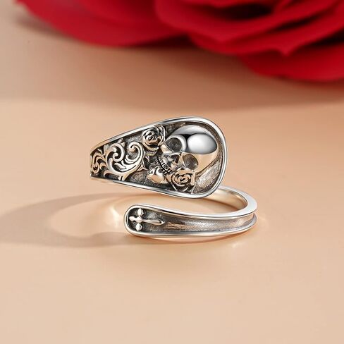 ZLILIJAN Skull Ring 25 Sterling Silver Couple Spoon Rings Gothic Skeleton Rose Adjustable Ring Halloween Cocktail Vintage Jewelry Gift for Women Wife Girlfriend in Kuwait