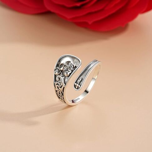 ZLILIJAN Skull Ring 25 Sterling Silver Couple Spoon Rings Gothic Skeleton Rose Adjustable Ring Halloween Cocktail Vintage Jewelry Gift for Women Wife Girlfriend in Kuwait