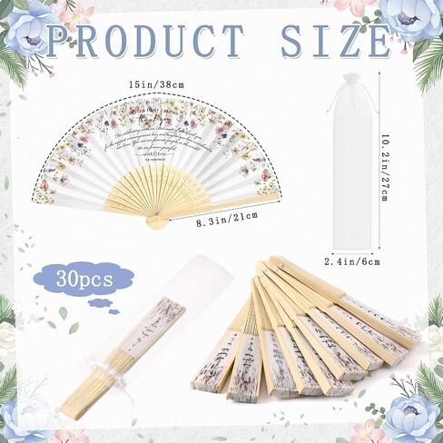 30 Pcs Wedding Favors for Guests Bulk Silk Folding Bamboo Hand Fan with Organza Bags Large Hand Held Fans Thank You Gifts for Classy Bridal Shower Decoration Souvenirs(Wildflower) in Kuwait