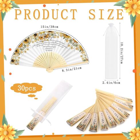 30 Pcs Wedding Favors for Guests Bulk Silk Folding Bamboo Hand Fan with Organza Bags Large Hand Held Fans Thank You Gifts for Classy Bridal Shower Decoration Souvenirs(Wildflower) in Kuwait