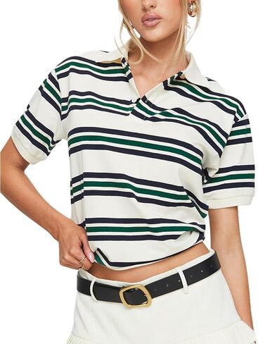 Women's Summer Polo Shirts Casual Striped Print Lapel Collar Short Sleeve Tops Streetwear Aesthetic Clothes in Saudi Arabia