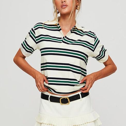 Women's Summer Polo Shirts Casual Striped Print Lapel Collar Short Sleeve Tops Streetwear Aesthetic Clothes in Saudi Arabia