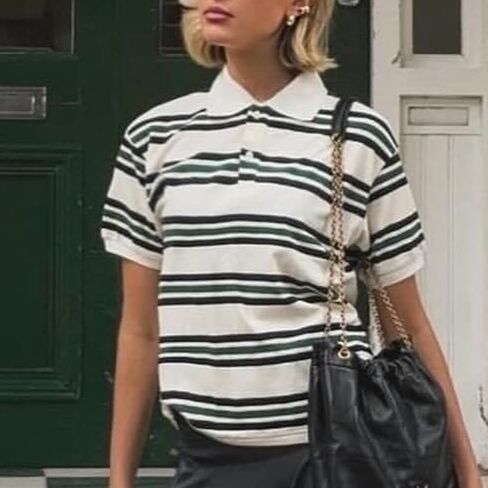 Women's Summer Polo Shirts Casual Striped Print Lapel Collar Short Sleeve Tops Streetwear Aesthetic Clothes in Saudi Arabia