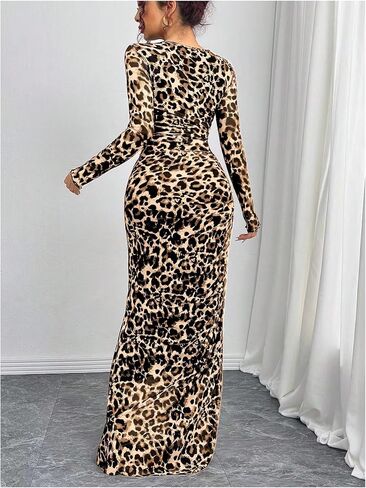 Women's Y2k Leopard Print Mesh Sheer Bodycon Maxi Dresses Cheetah Long Sleeve Elegant Formal Wedding Guest Dress in Saudi Arabia