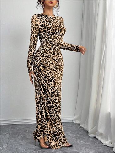 Women's Y2k Leopard Print Mesh Sheer Bodycon Maxi Dresses Cheetah Long Sleeve Elegant Formal Wedding Guest Dress in Saudi Arabia