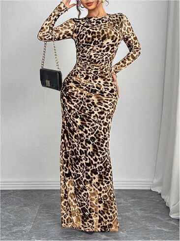 Women's Y2k Leopard Print Mesh Sheer Bodycon Maxi Dresses Cheetah Long Sleeve Elegant Formal Wedding Guest Dress in Saudi Arabia