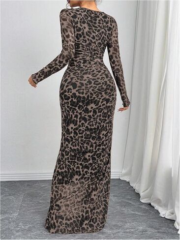 Women's Y2k Leopard Print Mesh Sheer Bodycon Maxi Dresses Cheetah Long Sleeve Elegant Formal Wedding Guest Dress in Saudi Arabia