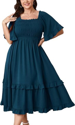 SCOMCHIC Women's Plus Size Maxi Dresses Summer Short Sleeve Square Neck Smocked Wedding Guest Cocktail Boho Long Dress in Saudi Arabia