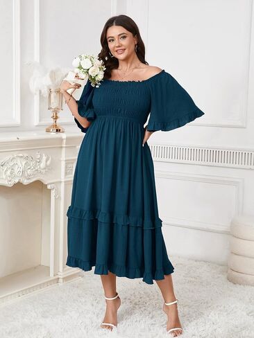 SCOMCHIC Women's Plus Size Maxi Dresses Summer Short Sleeve Square Neck Smocked Wedding Guest Cocktail Boho Long Dress in Saudi Arabia