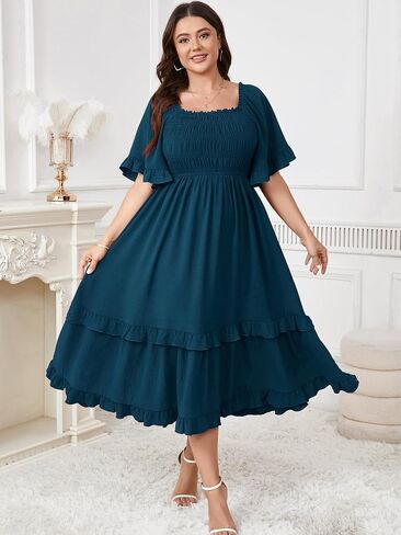 SCOMCHIC Women's Plus Size Maxi Dresses Summer Short Sleeve Square Neck Smocked Wedding Guest Cocktail Boho Long Dress in Saudi Arabia