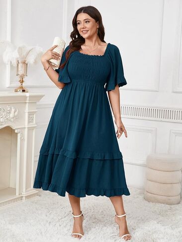 SCOMCHIC Women's Plus Size Maxi Dresses Summer Short Sleeve Square Neck Smocked Wedding Guest Cocktail Boho Long Dress in Saudi Arabia