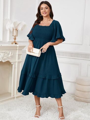 SCOMCHIC Women's Plus Size Maxi Dresses Summer Short Sleeve Square Neck Smocked Wedding Guest Cocktail Boho Long Dress in Saudi Arabia
