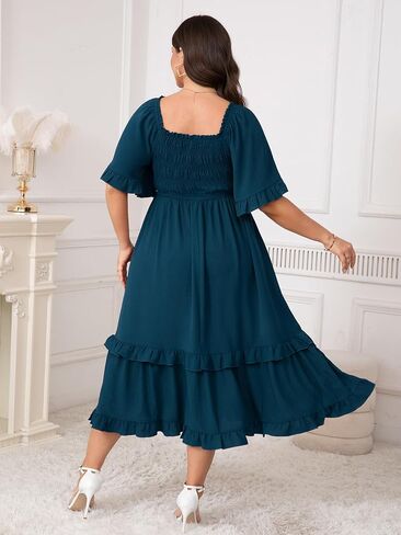 SCOMCHIC Women's Plus Size Maxi Dresses Summer Short Sleeve Square Neck Smocked Wedding Guest Cocktail Boho Long Dress in Saudi Arabia