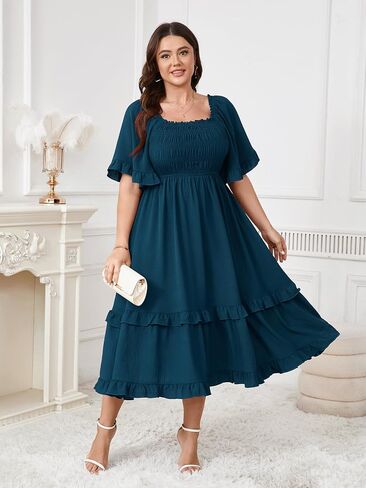 SCOMCHIC Women's Plus Size Maxi Dresses Summer Short Sleeve Square Neck Smocked Wedding Guest Cocktail Boho Long Dress in Saudi Arabia