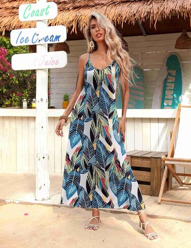 Zeagoo Womens Summer Maxi Dress Spaghetti Strap Casual Printed Dress Boho Floral Beach Sundress, in Saudi Arabia