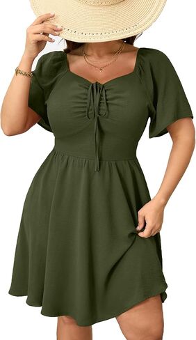 RWJ Women Plus Size Summer Dress Short Sleeve Tie Front Sweetheart Neck Wrap A-Line Casual Mini Wedding Guest Dresses 2025 in Kuwait