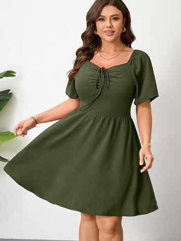 RWJ Women Plus Size Summer Dress Short Sleeve Tie Front Sweetheart Neck Wrap A-Line Casual Mini Wedding Guest Dresses 2025 in Kuwait