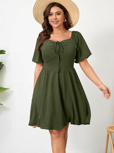 RWJ Women Plus Size Summer Dress Short Sleeve Tie Front Sweetheart Neck Wrap A-Line Casual Mini Wedding Guest Dresses 2025 in Kuwait