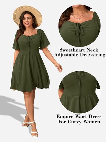 RWJ Women Plus Size Summer Dress Short Sleeve Tie Front Sweetheart Neck Wrap A-Line Casual Mini Wedding Guest Dresses 2025 in Kuwait