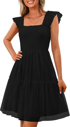 PRETTYGARDEN Womens 2025 Casual Mini Summer Dresses Sleeveless Tulle Ruffle Square Neck Tiered Smocked Wedding Guest Dress in Saudi Arabia