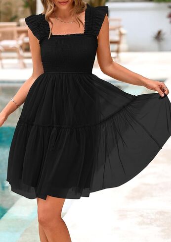 PRETTYGARDEN Womens 2025 Casual Mini Summer Dresses Sleeveless Tulle Ruffle Square Neck Tiered Smocked Wedding Guest Dress in Saudi Arabia