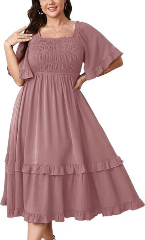 SCOMCHIC Women's Plus Size Maxi Dresses Summer Short Sleeve Square Neck Smocked Wedding Guest Cocktail Boho Long Dress in Saudi Arabia
