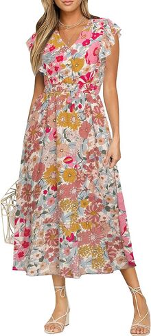 BerryGo Womens Summer Floral Maxi Dress Casual Boho V Neck Ruffle Short Sleeve Beach Long Dresses with Pockets in Saudi Arabia
