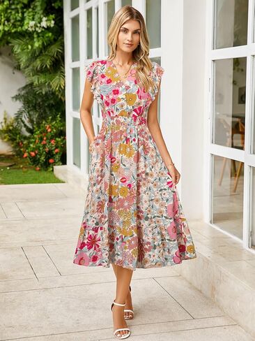 BerryGo Womens Summer Floral Maxi Dress Casual Boho V Neck Ruffle Short Sleeve Beach Long Dresses with Pockets in Saudi Arabia