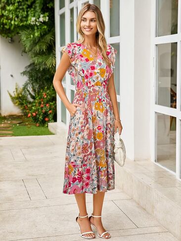 BerryGo Womens Summer Floral Maxi Dress Casual Boho V Neck Ruffle Short Sleeve Beach Long Dresses with Pockets in Saudi Arabia