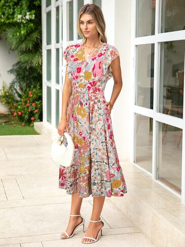 BerryGo Womens Summer Floral Maxi Dress Casual Boho V Neck Ruffle Short Sleeve Beach Long Dresses with Pockets in Saudi Arabia