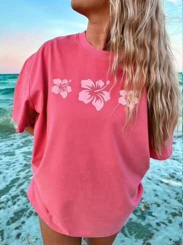 Womens Oversized Vintage Flower T-Shirts Preppy Western Graphic Tees Tops Y2k Ocean Coastal Summer Beachy T Shirts in Kuwait