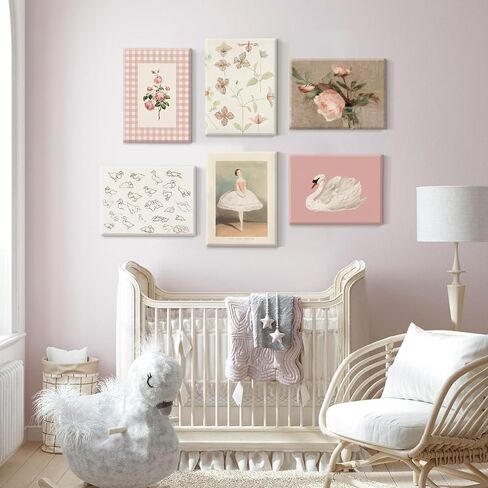 Nursery Pink Wall Art Decor Baby Girl Canvas Wall Art Vintage Floral Prints Kids Room Wall Decor Preppy Flower Poster Antique Pink Pictures Swans Painting for Girls Room Bedroom 8x10x6 Inch Unframed in Kuwait