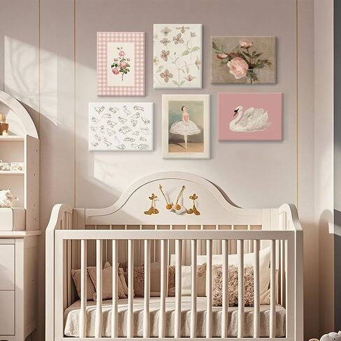Nursery Pink Wall Art Decor Baby Girl Canvas Wall Art Vintage Floral Prints Kids Room Wall Decor Preppy Flower Poster Antique Pink Pictures Swans Painting for Girls Room Bedroom 8x10x6 Inch Unframed in Kuwait