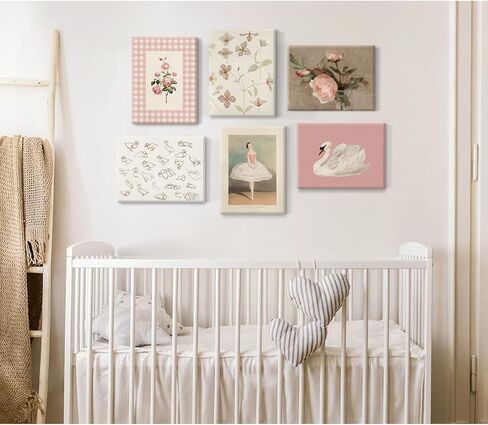 Nursery Pink Wall Art Decor Baby Girl Canvas Wall Art Vintage Floral Prints Kids Room Wall Decor Preppy Flower Poster Antique Pink Pictures Swans Painting for Girls Room Bedroom 8x10x6 Inch Unframed in Kuwait