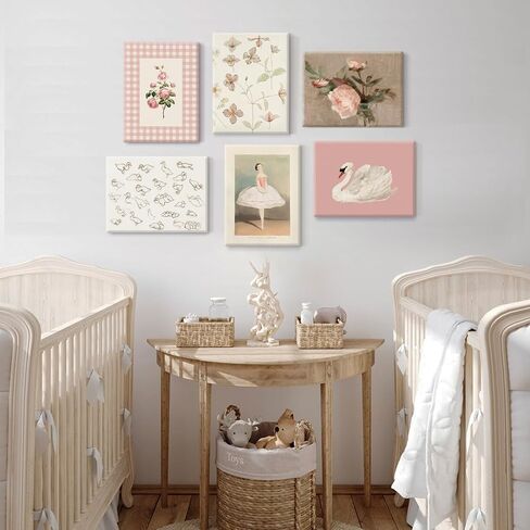 Nursery Pink Wall Art Decor Baby Girl Canvas Wall Art Vintage Floral Prints Kids Room Wall Decor Preppy Flower Poster Antique Pink Pictures Swans Painting for Girls Room Bedroom 8x10x6 Inch Unframed in Kuwait