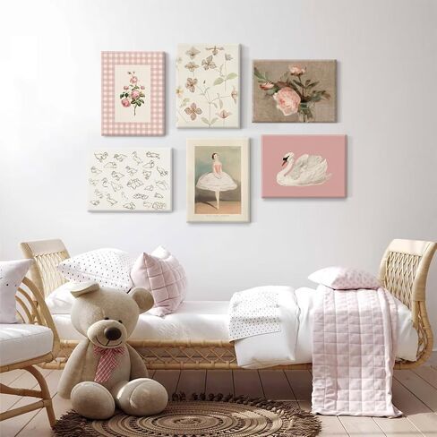 Nursery Pink Wall Art Decor Baby Girl Canvas Wall Art Vintage Floral Prints Kids Room Wall Decor Preppy Flower Poster Antique Pink Pictures Swans Painting for Girls Room Bedroom 8x10x6 Inch Unframed in Kuwait
