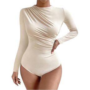 Milumia Women's Ruched Long Sleeve Mock Neck Bodysuit Solid Elegant Slim Fitted Tops
