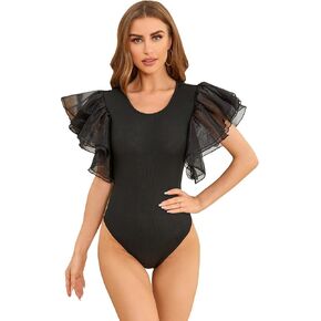 WDIRARA Women's Mesh Ruffle Trim Cap Sleeve Round Neck Elegant One Piece Bodysuit Casual Tops