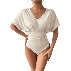 SweatyRocks Women's Short Rolled Sleeve V Neck Tummy Control Ruched Ribbed Bodysuit Tops