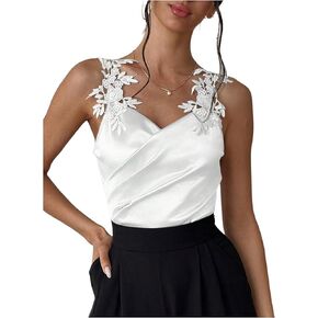 SweatyRocks Women's Appliques Sleeveless Bodysuit Ruched Wrap V Neck Dressy Shirts