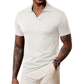 Men Johnny Collar Textured Polo Shirt Cable Knit Stretch Casual Shirts (S-XXL)