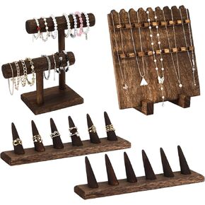 RattanViewW 4 Pcs Jewelry Display Stand Sets, 2 Tier Wooden Jewelry Bracelet Watch Display Holder Wooden Plank Necklace Jewelry Stand 2 Pcs Finger Ring Stand Jewelry Display Storage Holder