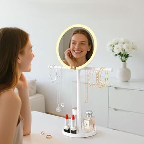 Necklace Stand with Lighted Mirror, 2 in 1 Sturdy Metal Jewelry Holder Organizer with 3 Light Modes Vanity Mirror for Makeup,12.9" Tall for Long Necklace