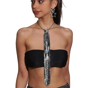 PURFUN Sparkly Sequins Black Necktie, Women Punk Adjustable Raves Dance Party Show Night Club Glittery Sequins Skinny Tie