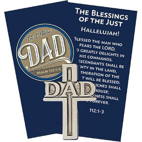 Needzo Silver Tone God Bless Dad Cross-Shaped Lapel Pin with Prayer Card, Mens Cross Pins for Suits, Religious Fathers Gifts for Christian Dads, Grandpas, Uncles, and More, 1 Inch