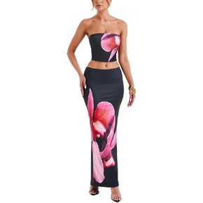 Womens Summer Maxi Skirt Outfits Floral Print Tube Top Maxi Vacet